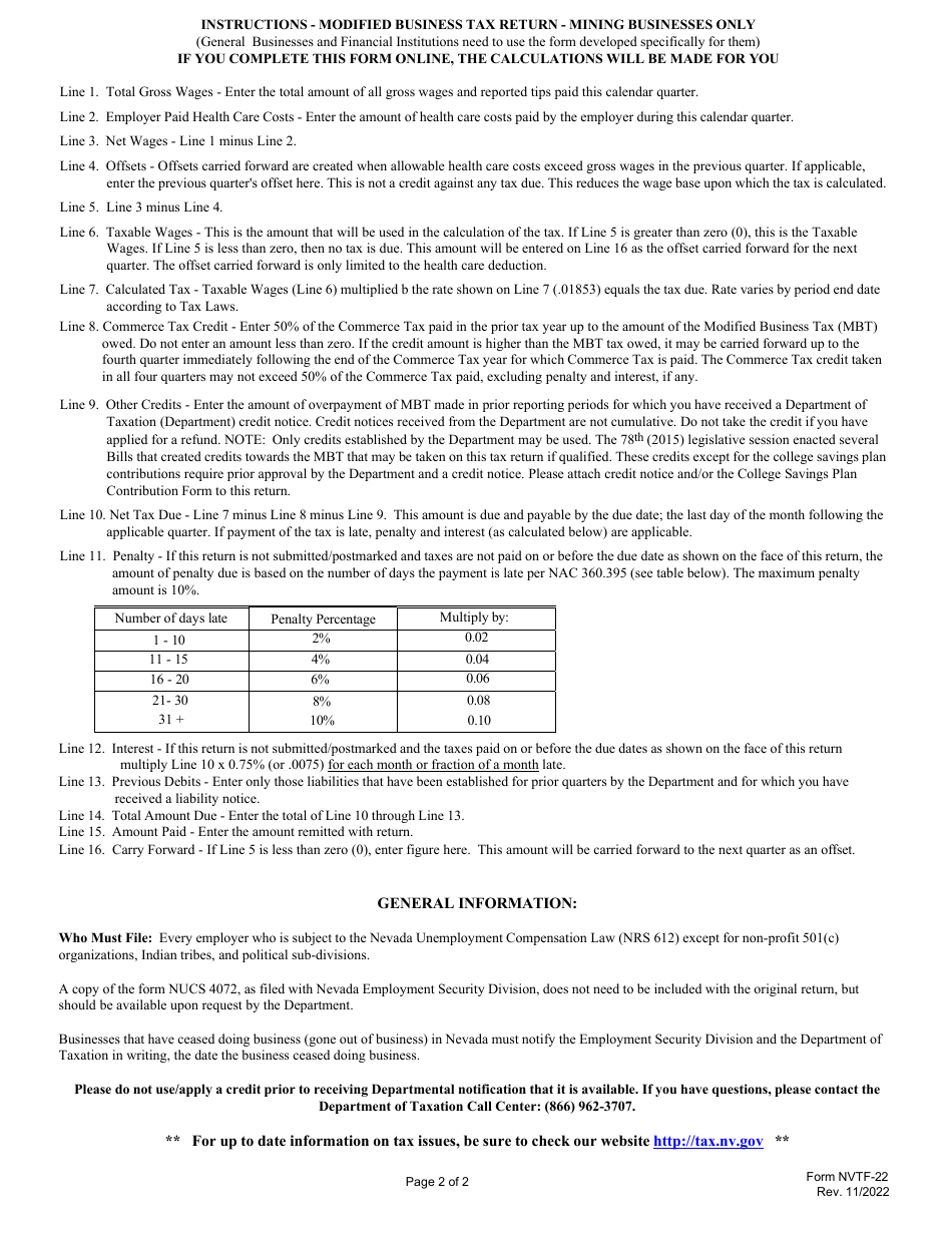 Form NVTF-22 Modified Business Tax Return - Mining - Nevada, Page 2