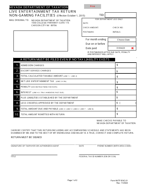 Form NVTF-EXC-21 Live Entertainment Tax Return - Non-gaming Facilities - Nevada