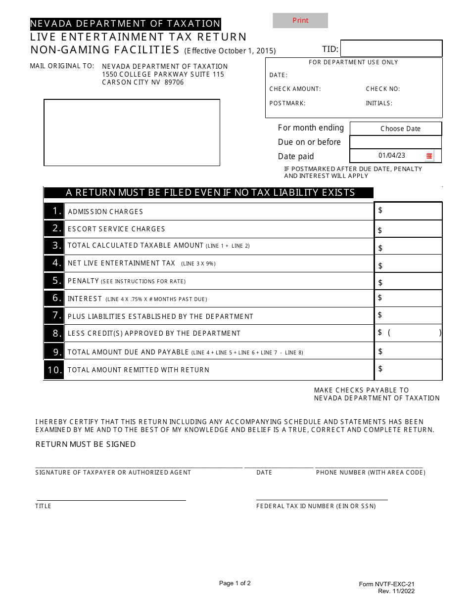 Form NVTF-EXC-21 Live Entertainment Tax Return - Non-gaming Facilities - Nevada, Page 1