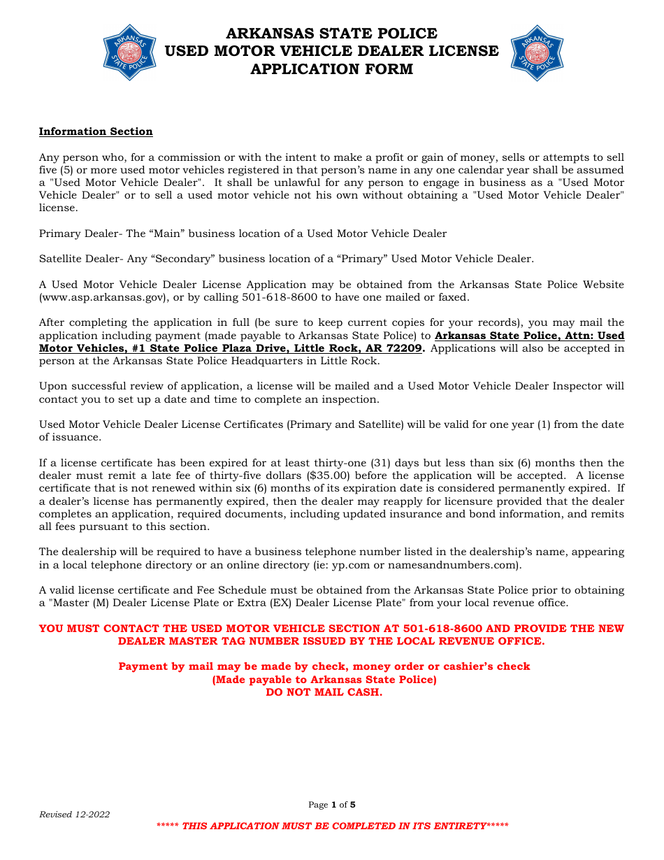 Used Motor Vehicle Dealer License Application Form - Arkansas, Page 1