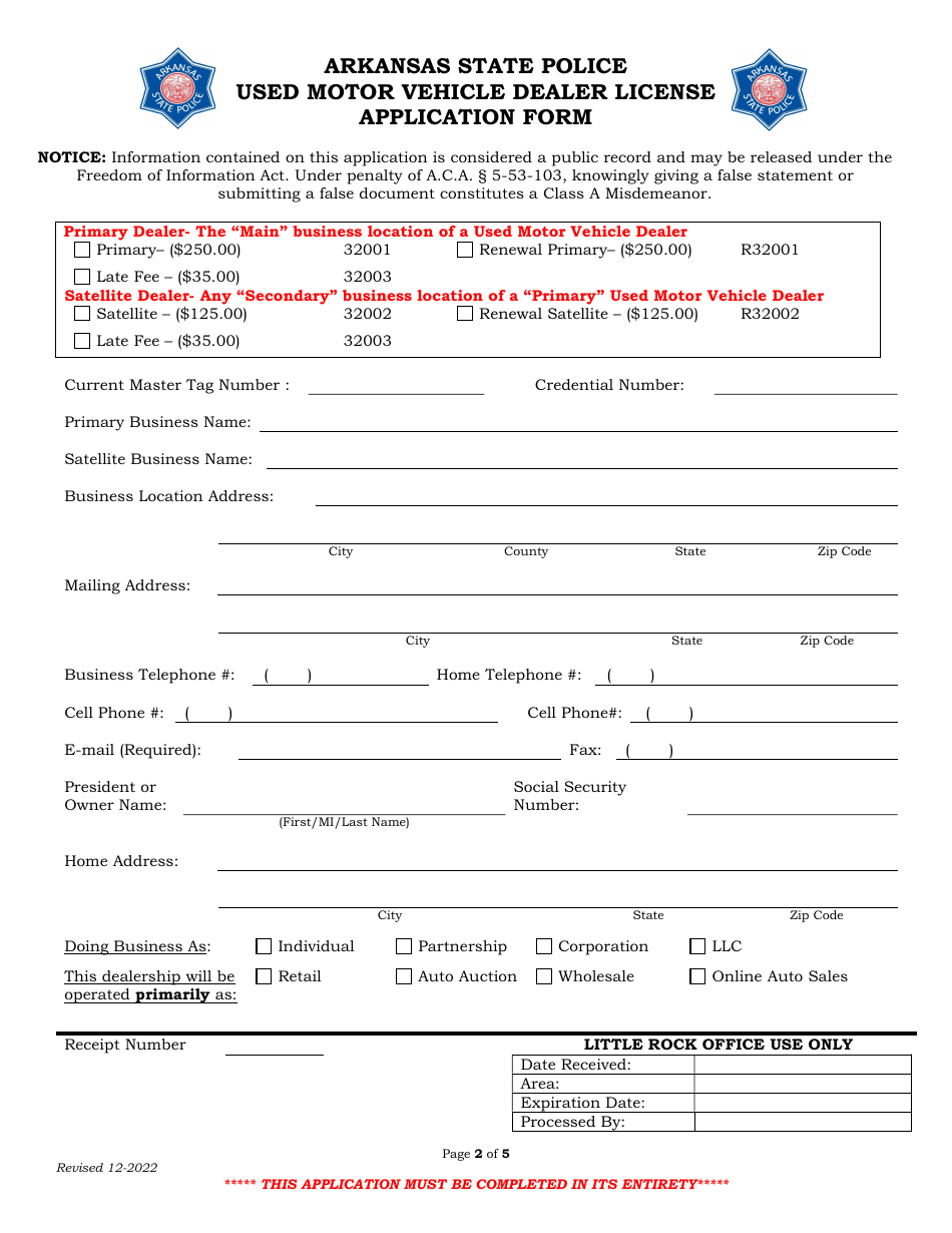 Used Motor Vehicle Dealer License Application Form - Arkansas, Page 2