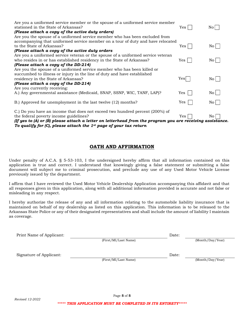 Arkansas Used Motor Vehicle Dealer License Application Form Fill Out Sign Online And Download 1726