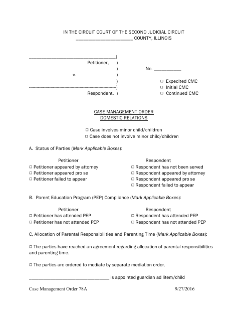 Form 78A Case Management Order - Domestic Relations - Illinois