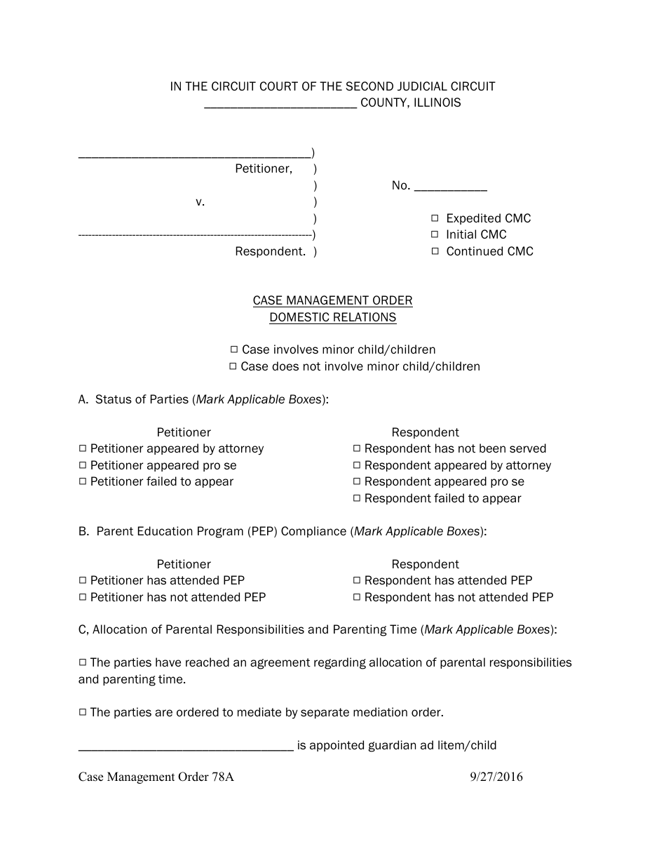 Form 78A Case Management Order - Domestic Relations - Illinois, Page 1
