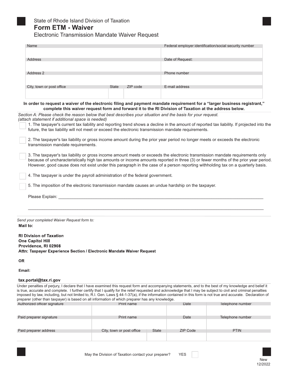 Form ETM - WAIVER Electronic Transmission Mandate Waiver Request - Rhode Island, Page 1