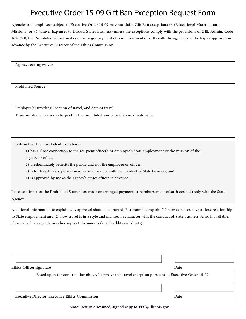 Executive Order 15-09 Gift Ban Exception Request Form - Illinois, Page 1