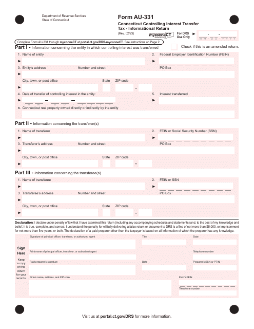 Form AU-331 Connecticut Controlling Interest Transfer Tax - Informational Return - Connecticut