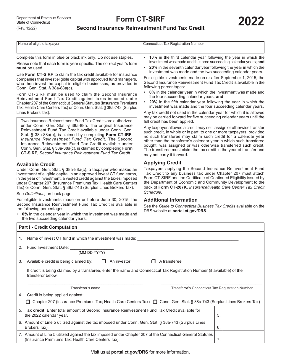 Form CT-SIRF Second Insurance Reinvestment Fund Tax Credit - Connecticut, Page 1