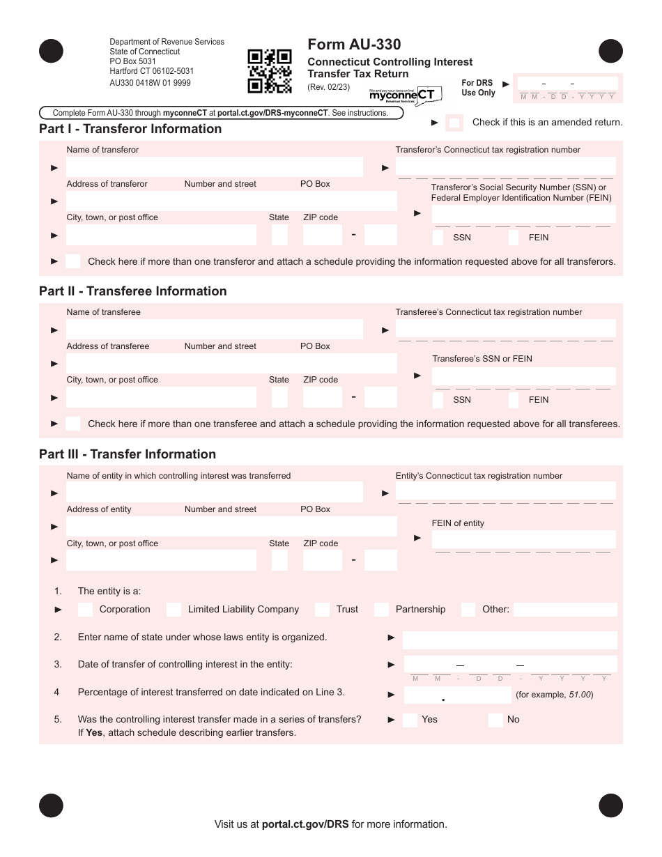 Form AU-330 Connecticut Controlling Interest Transfer Tax Return - Connecticut, Page 1