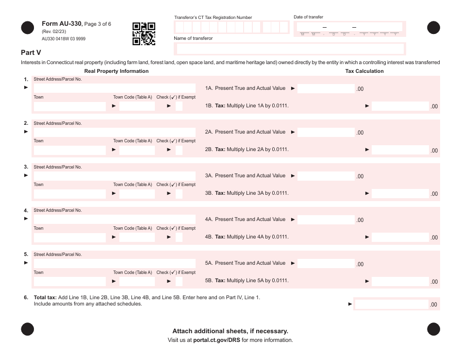 Form AU-330 Connecticut Controlling Interest Transfer Tax Return - Connecticut, Page 3