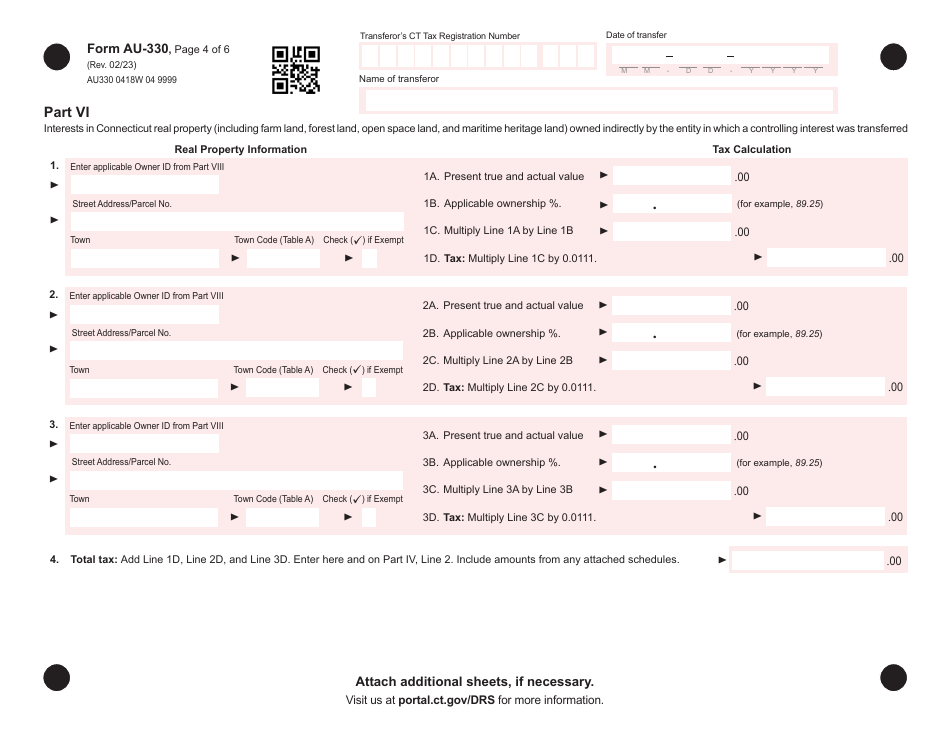 Form AU-330 Connecticut Controlling Interest Transfer Tax Return - Connecticut, Page 4