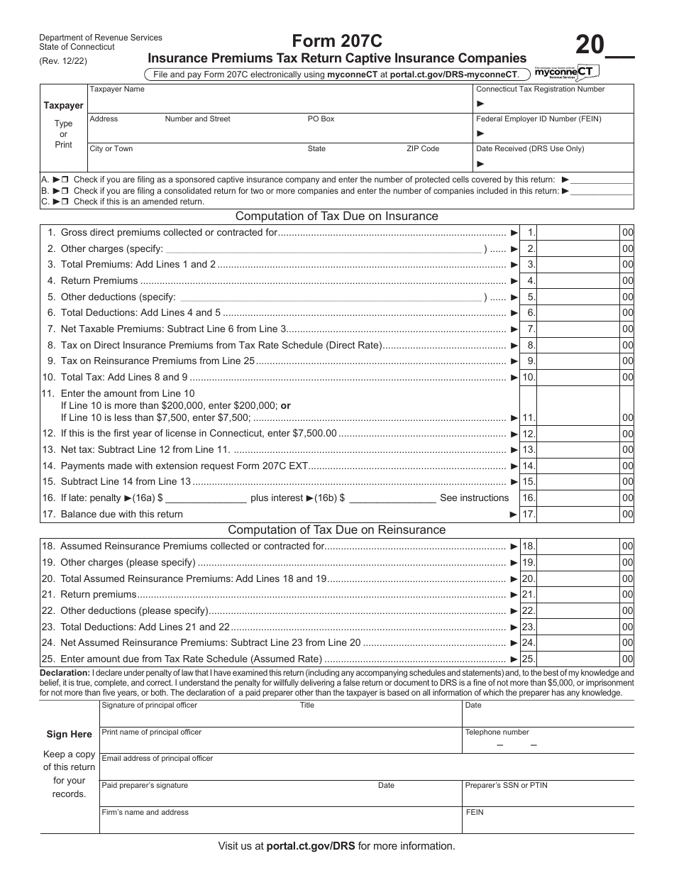 Form 207C Insurance Premiums Tax Return Captive Insurance Companies - Connecticut, Page 1