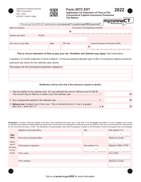 Form 207C EXT Application for Extension of Time to File Connecticut Captive Insurance Premiums Tax Return - Connecticut, 2022