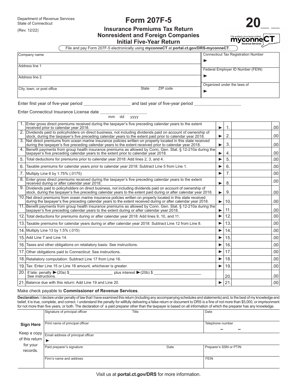 Form 207F-5 Insurance Premiums Tax Return Nonresident and Foreign Companies Initial Five-Year Return - Connecticut, Page 1