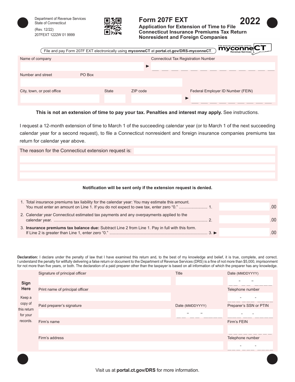 Form 207F EXT Application for Extension of Time to File Connecticut Insurance Premiums Tax Return Nonresident and Foreign Companies - Connecticut, Page 1