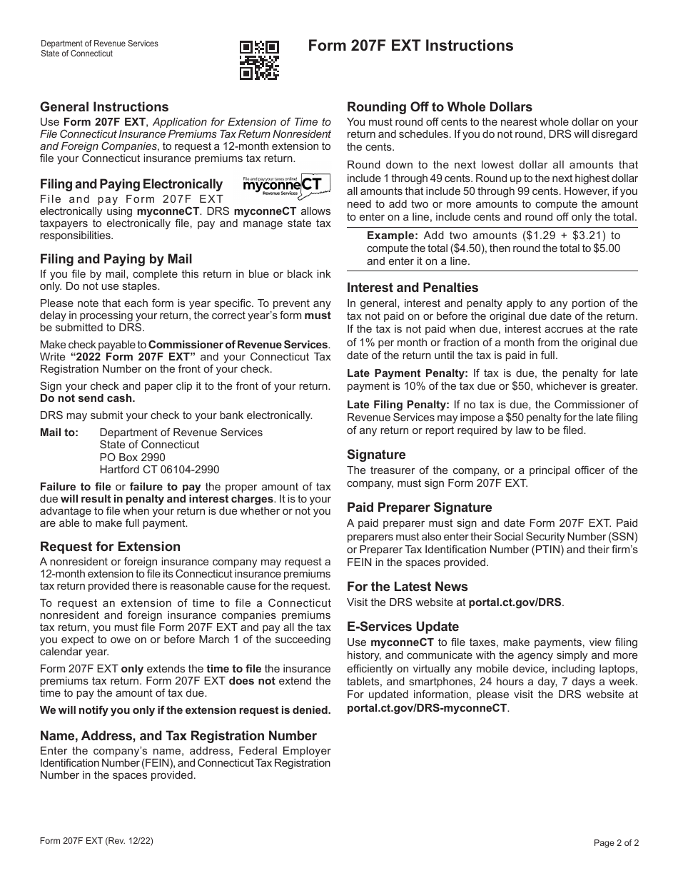 Form 207F EXT Application for Extension of Time to File Connecticut Insurance Premiums Tax Return Nonresident and Foreign Companies - Connecticut, Page 2