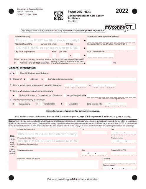 Form 207 HCC Connecticut Health Care Center Tax Return - Connecticut, 2022