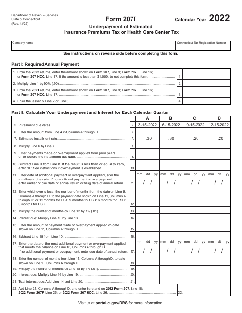 Form 207I Underpayment of Estimated Insurance Premiums Tax or Health Care Center Tax - Connecticut, 2022