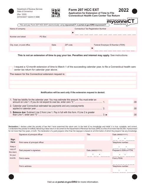 Form 207 HCC EXT Application for Extension of Time to File Connecticut Health Care Center Tax Return - Connecticut, 2022