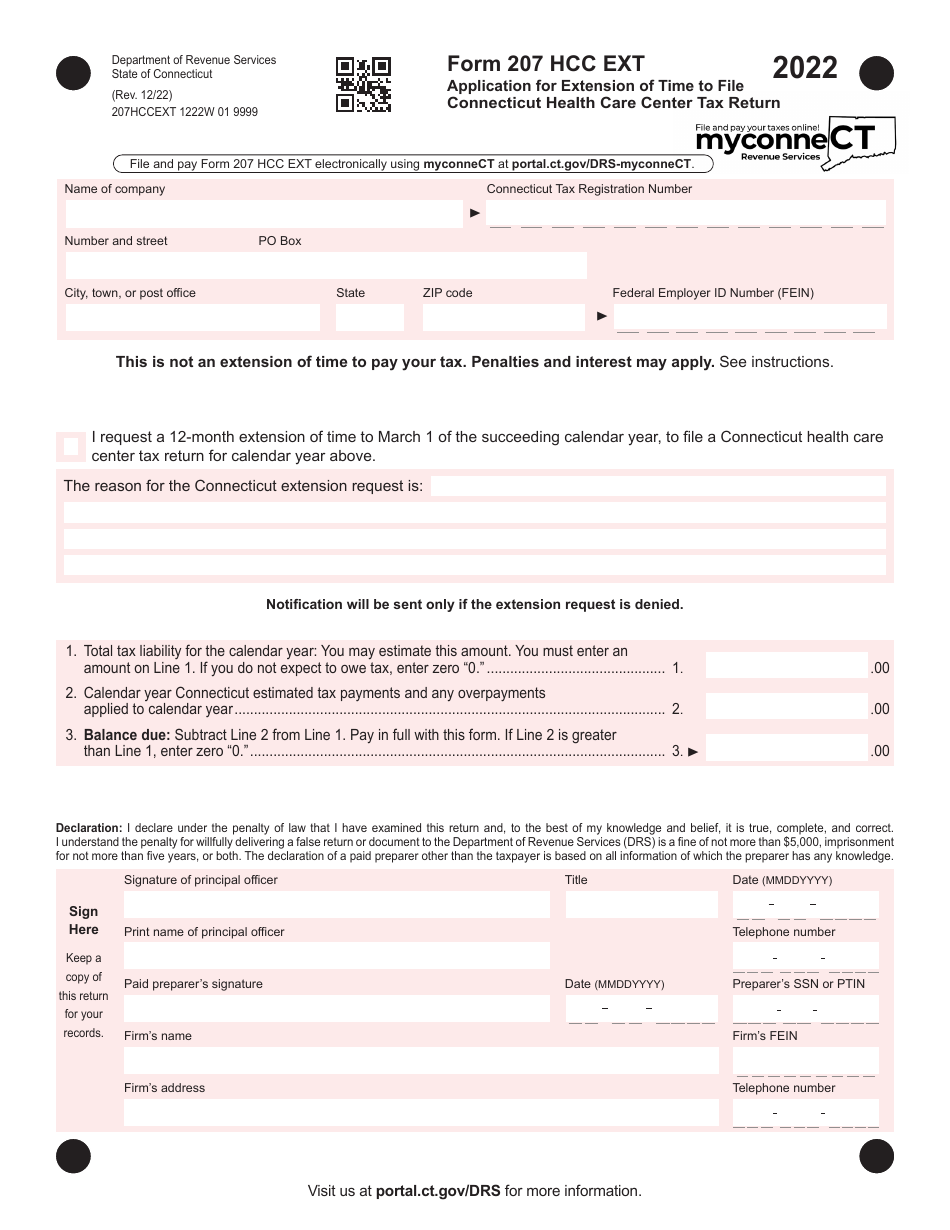 Form 207 HCC EXT Application for Extension of Time to File Connecticut Health Care Center Tax Return - Connecticut, Page 1