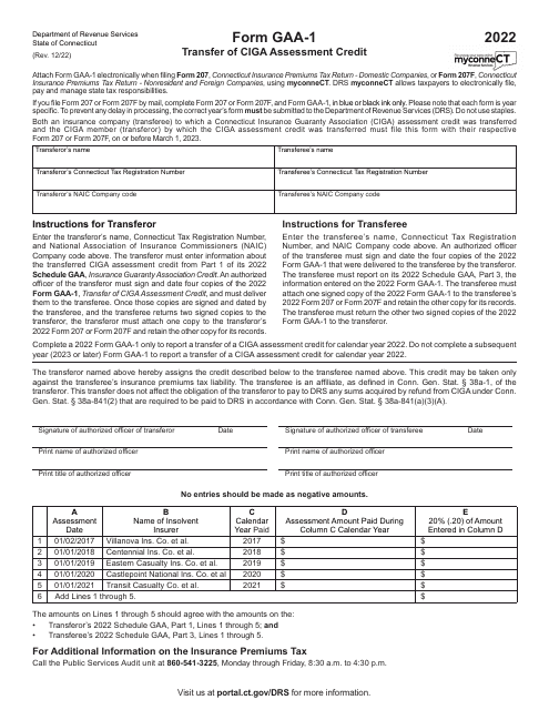 Form GAA-1 Transfer of Ciga Assessment Credit - Connecticut, 2022