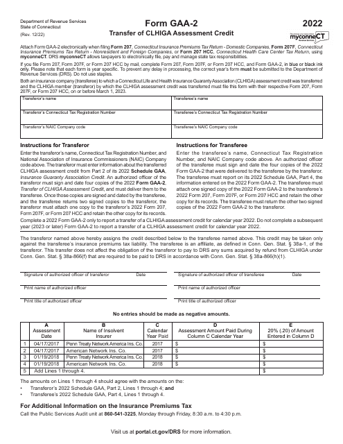 Form GAA-2 Transfer of Clhiga Assessment Credit - Connecticut, 2022