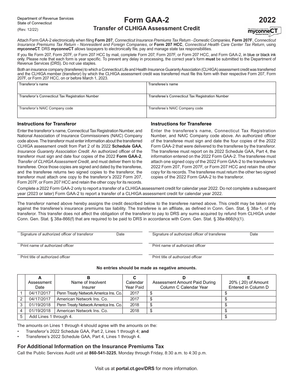 Form GAA-2 Transfer of Clhiga Assessment Credit - Connecticut, Page 1
