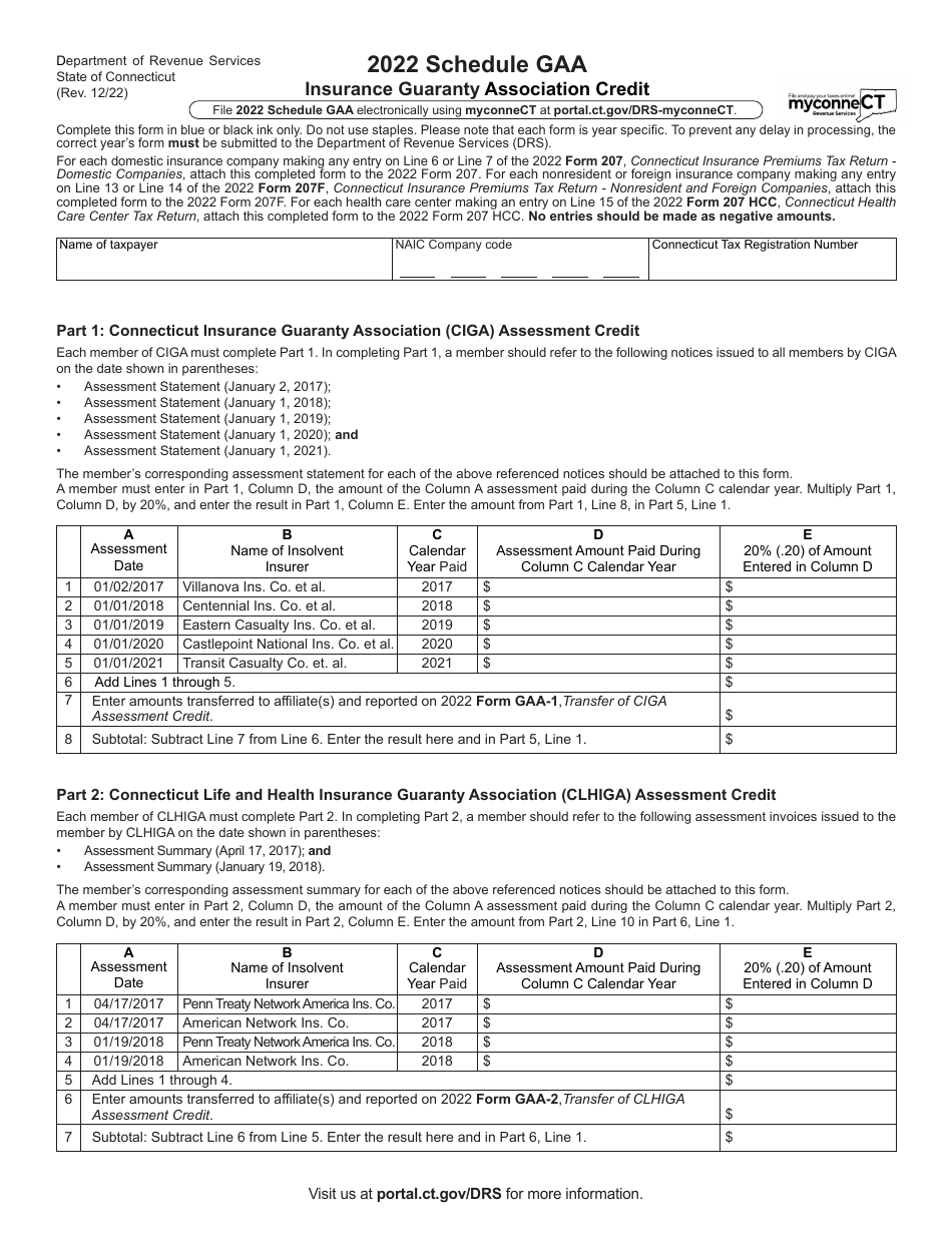 Schedule GAA Insurance Guaranty Association Credit - Connecticut, Page 1