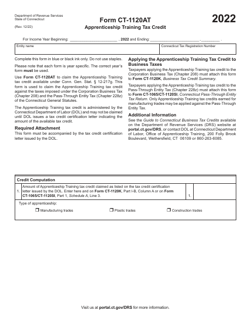 Form CT-1120AT Apprenticeship Training Tax Credit - Connecticut, 2022