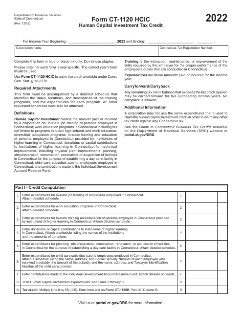 Form CT-1120 HCIC Human Capital Investment Tax Credit - Connecticut, 2022