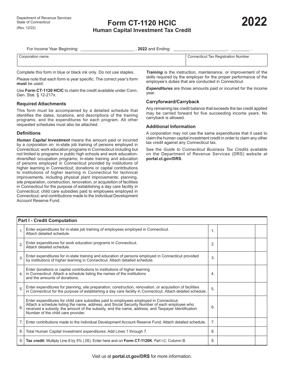 Form CT-1120 HCIC Human Capital Investment Tax Credit - Connecticut, Page 1