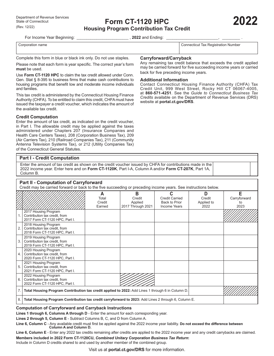 Form CT-1120 HPC Housing Program Contribution Tax Credit - Connecticut, Page 1
