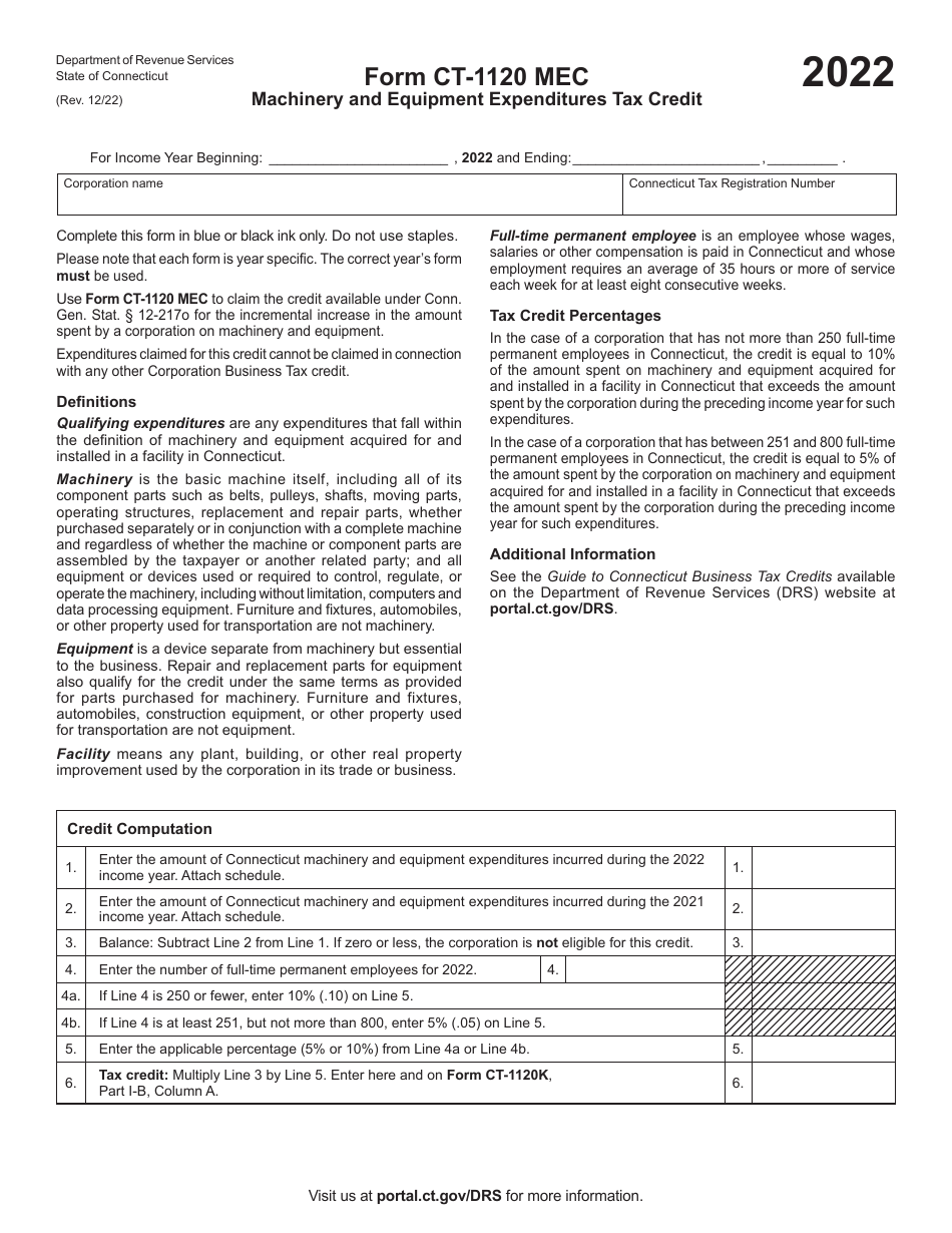 Form CT-1120 MEC Machinery and Equipment Expenditures Tax Credit - Connecticut, Page 1