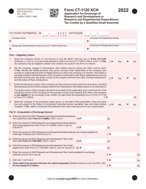 Form CT-1120 XCH Application for Exchange of Research and Development or Research and Experimental Expenditures Tax Credits by a Qualified Small Business - Connecticut, 2022