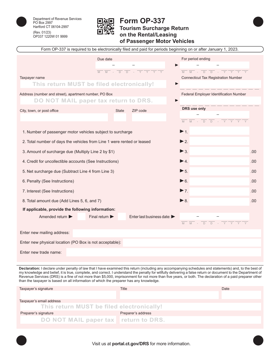Form OP-337 Tourism Surcharge Return on the Rental / Leasing of Passenger Motor Vehicles - Connecticut, Page 1