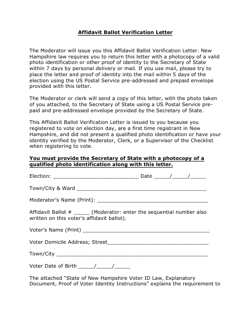 Affidavit Ballot Verification Letter - New Hampshire Download Pdf