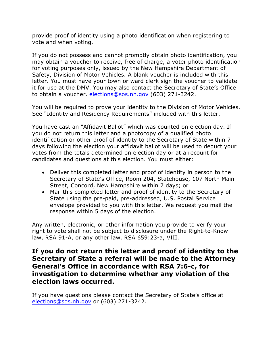 Affidavit Ballot Verification Letter - New Hampshire, Page 2