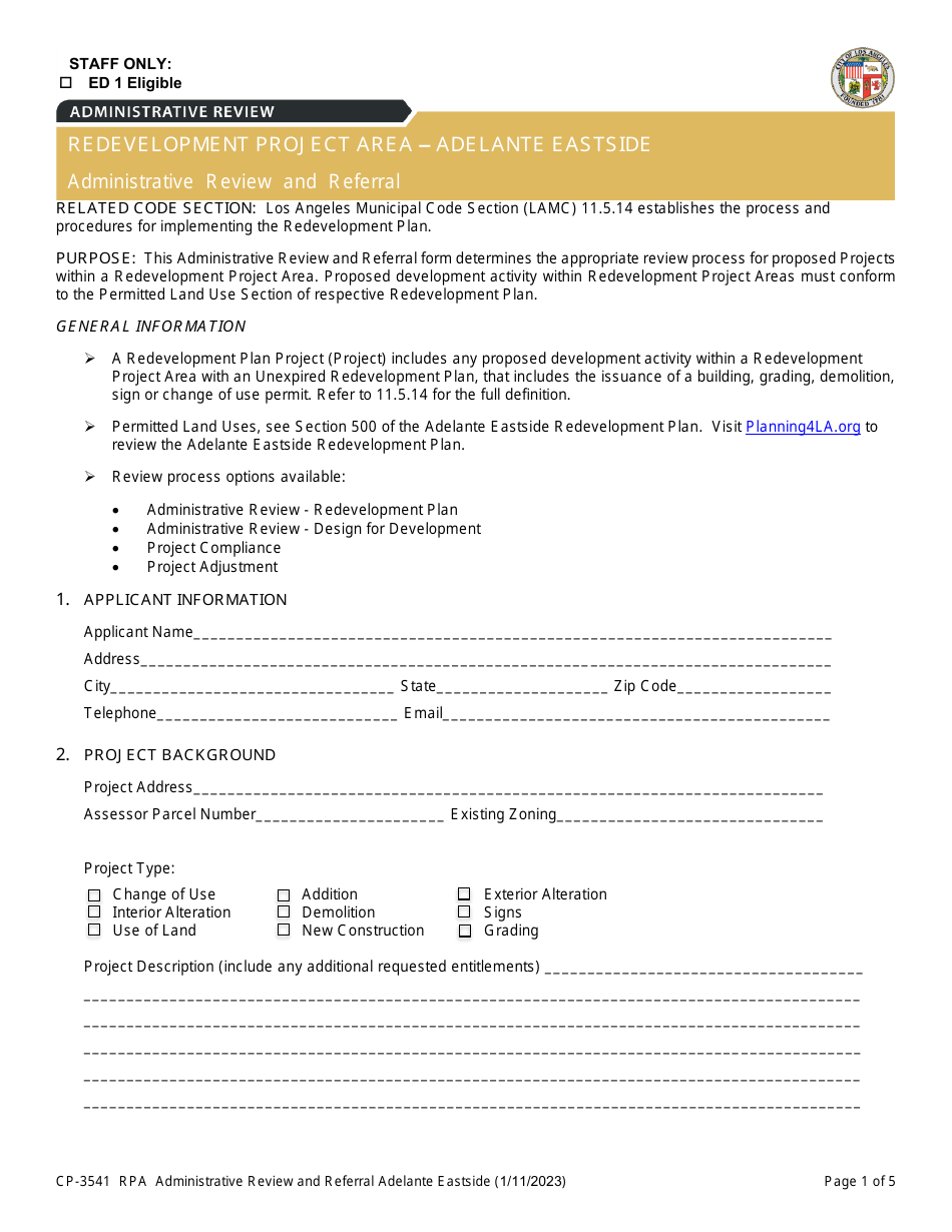 Form CP-3541 Redevelopment Project Area - Adelante Eastside - Administrative Review and Referral - City of Los Angeles, California, Page 1