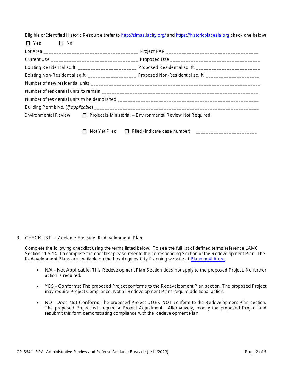 Form CP-3541 Redevelopment Project Area - Adelante Eastside - Administrative Review and Referral - City of Los Angeles, California, Page 2