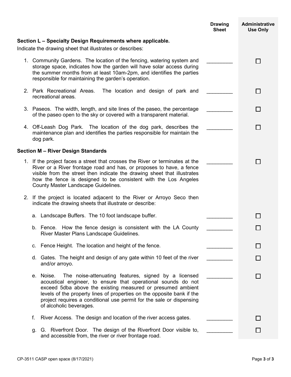 Form CP-3511 Open Space Checklist - Administrative Clearance for Chapter 2.4 of the Cornfield Arroyo Seco Specific Plan - City of Los Angeles, California, Page 3
