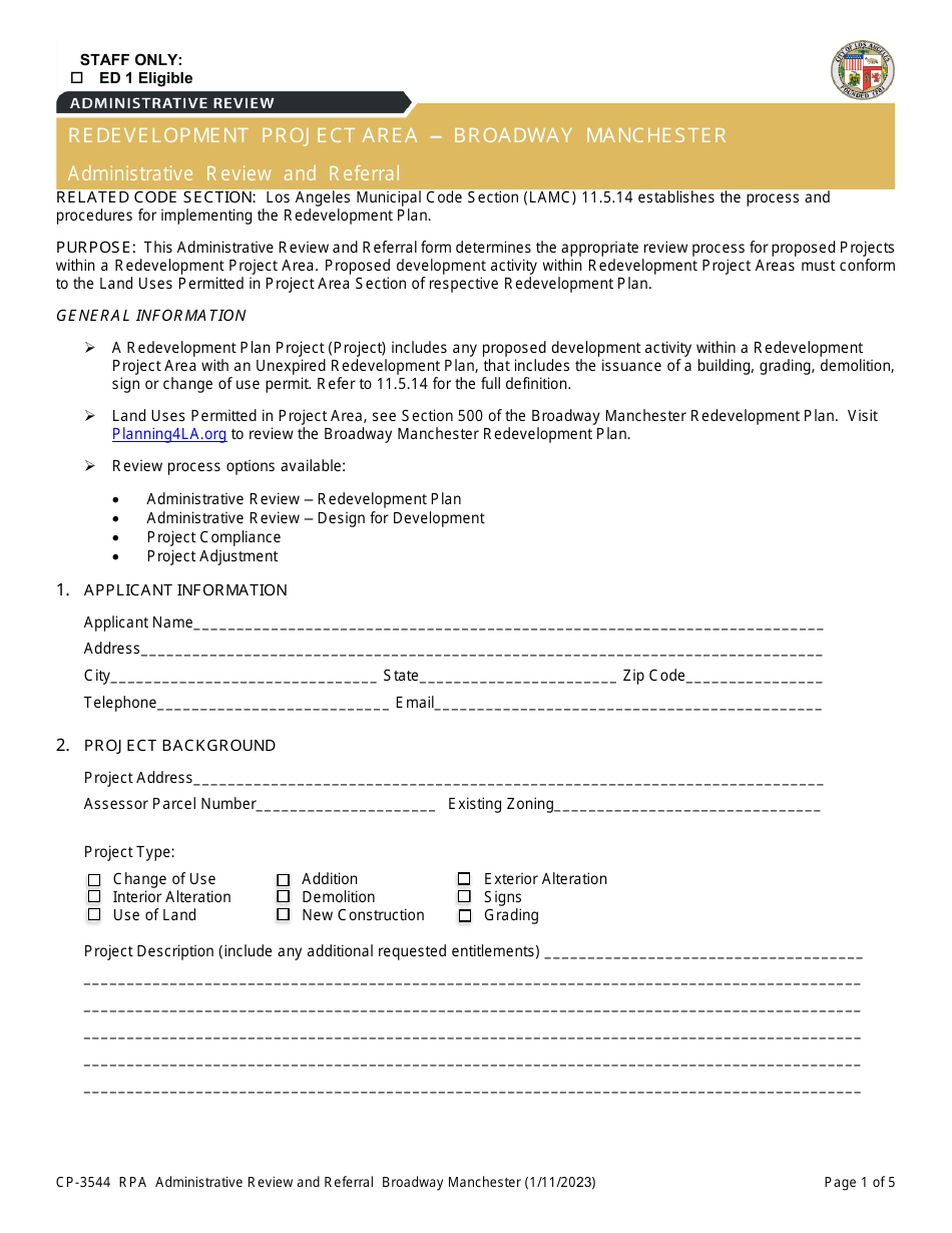 Form CP-3544 Redevelopment Project Area - Broadway Manchester - Administrative Review and Referral - City of Los Angeles, California, Page 1