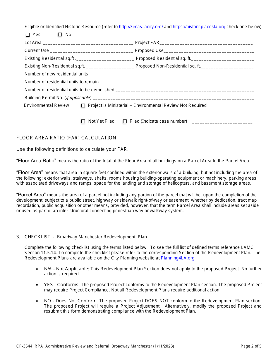Form CP-3544 Redevelopment Project Area - Broadway Manchester - Administrative Review and Referral - City of Los Angeles, California, Page 2