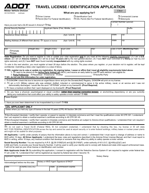 Form 40-5122 Travel License/Identification Application - Arizona