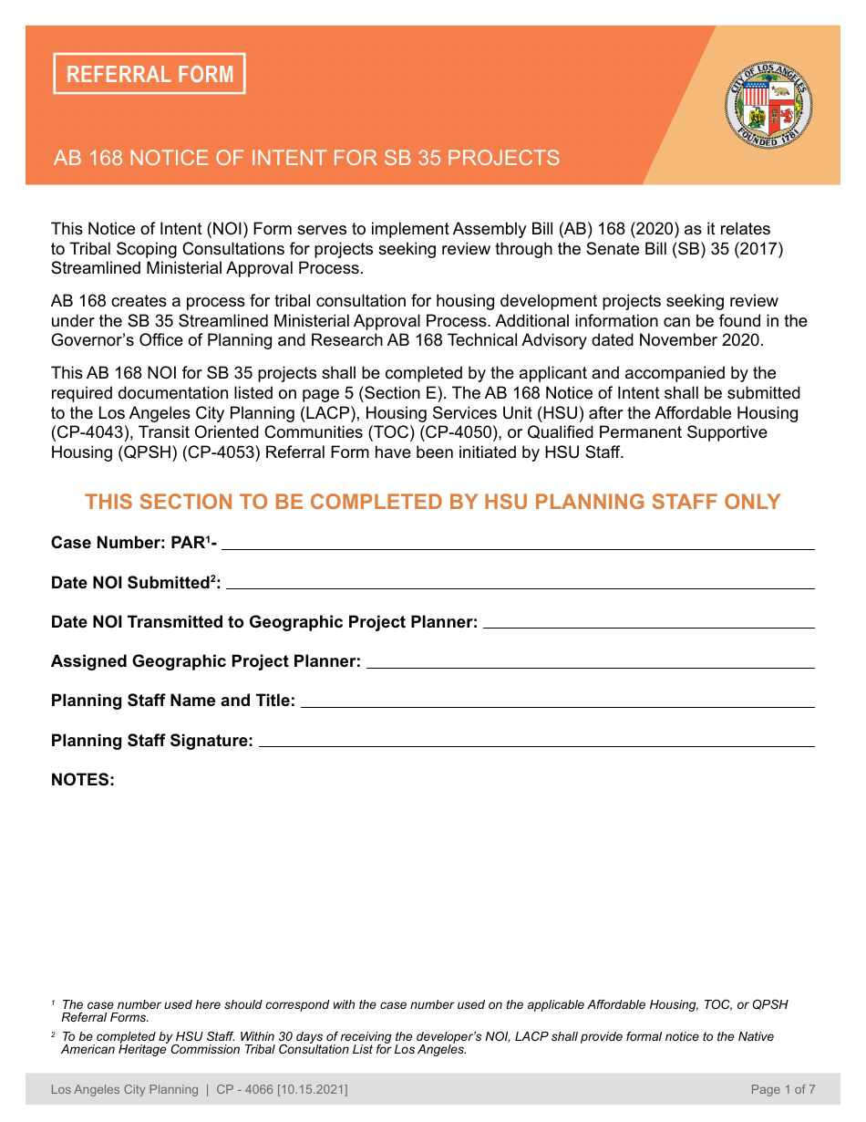 Form CP-4066 AB 168 Notice of Intent for Sb 35 Projects Referral Form - City of Los Angeles, California, Page 1