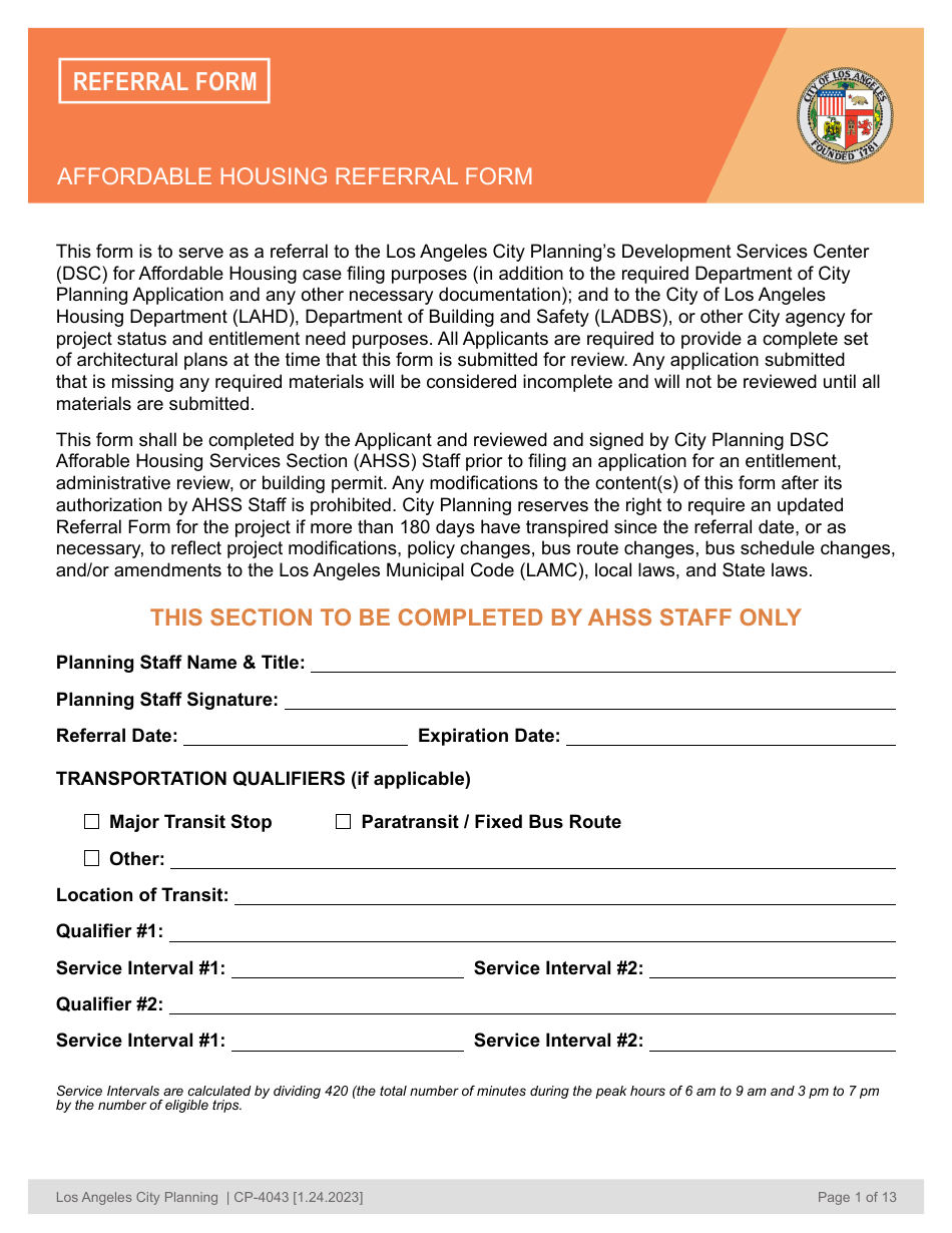 Form CP-4043 Affordable Housing Referral Form - City of Los Angeles, California, Page 1