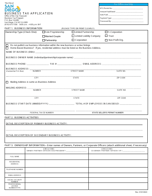 Business Tax Application - City of San Diego, California Download Pdf