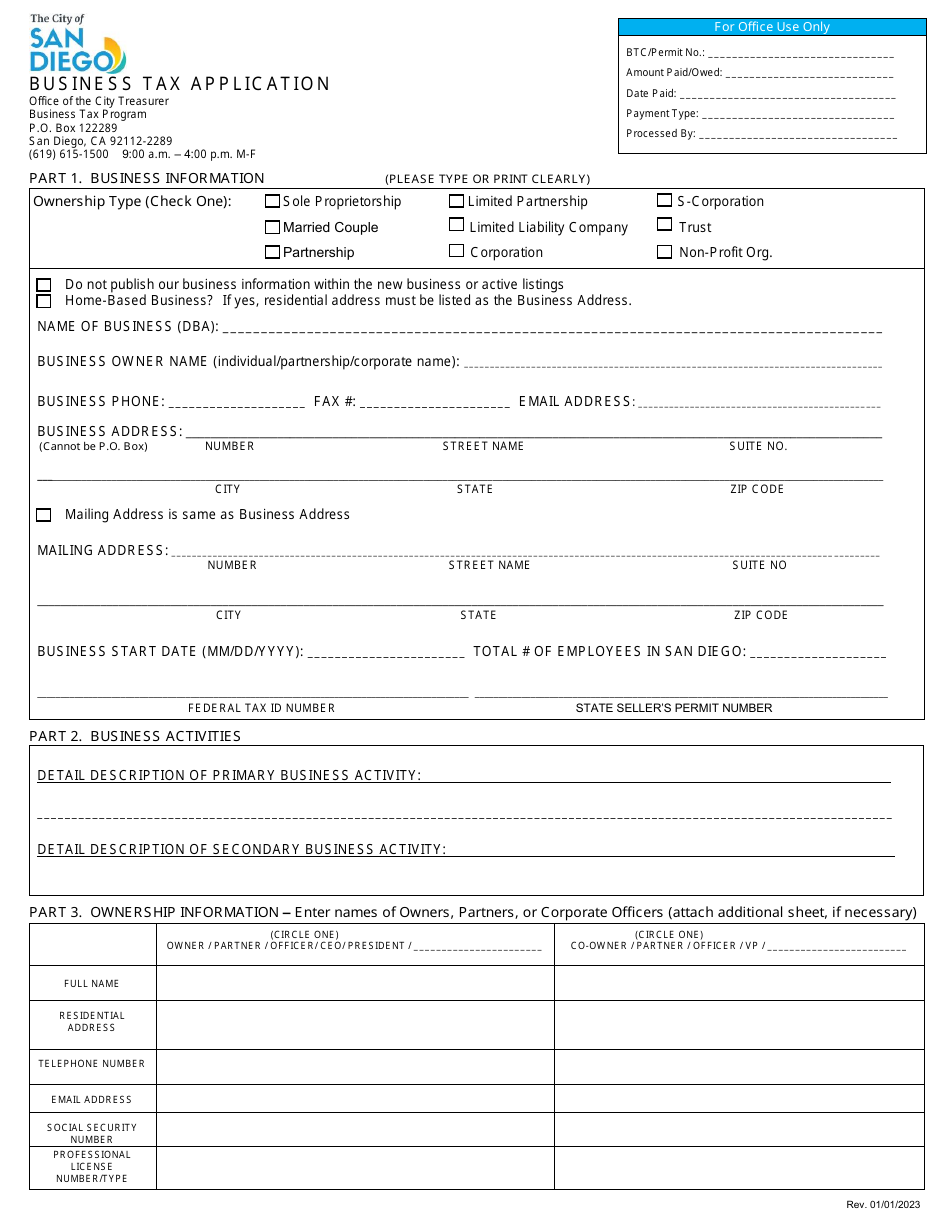 Business Tax Application - City of San Diego, California, Page 1