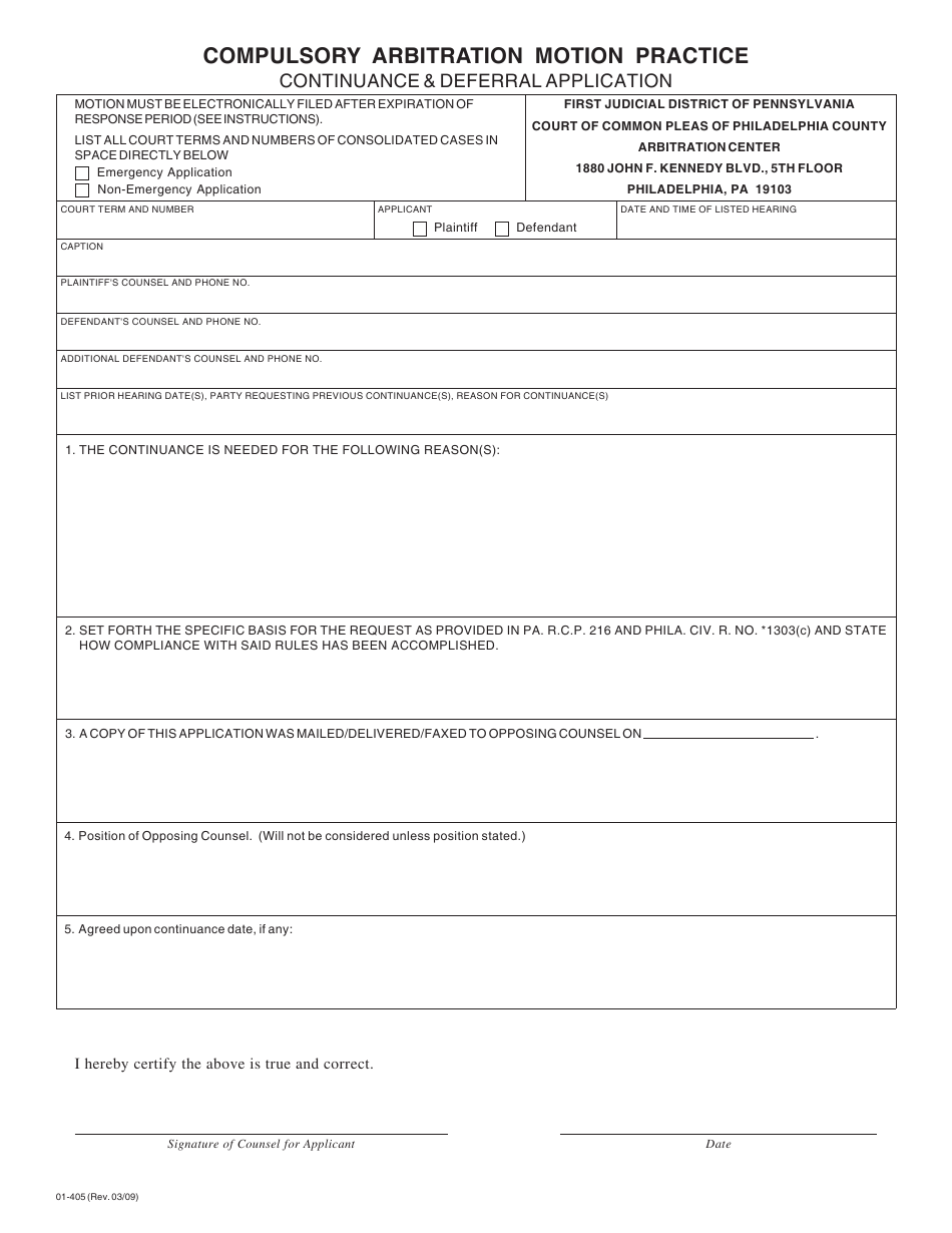 Form 01-405 Compulsory Arbitration Motion Practice Continuance  Deferral Application - Philadelphia County, Pennsylvania, Page 1