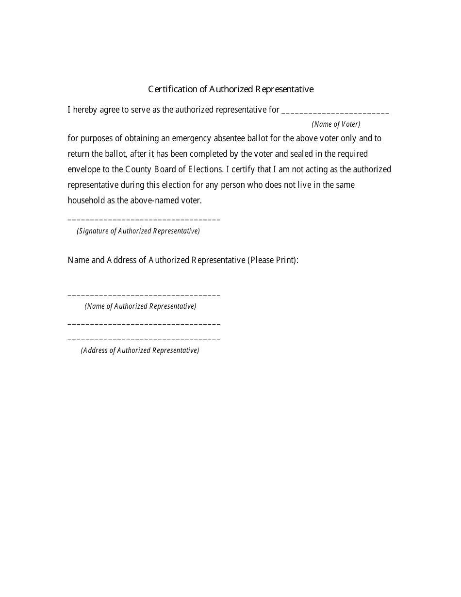 Certification of Authorized Representative - Pennsylvania, Page 1