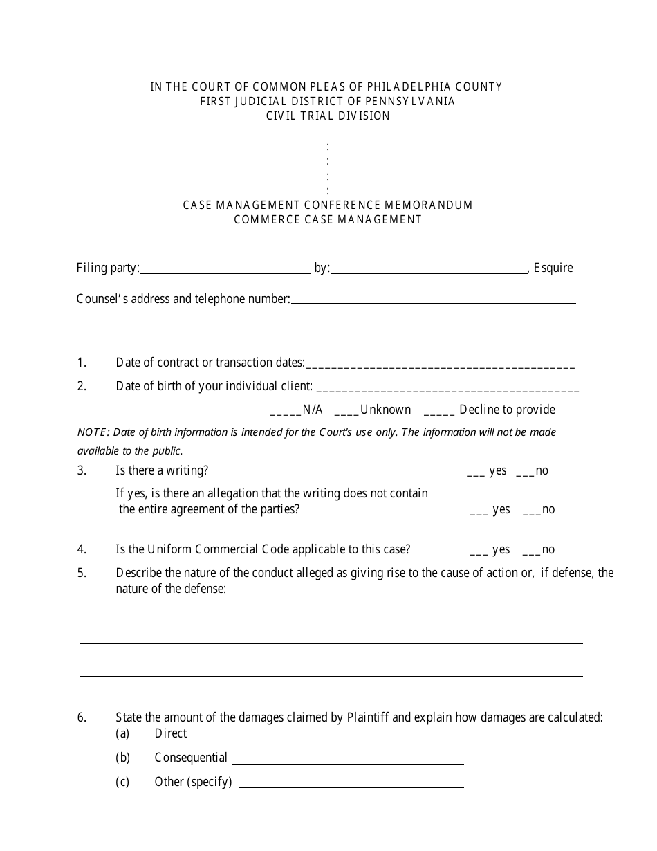 Form 01-111 Case Management Conference Memorandum - Commerce Case Management - Philadelphia County, Pennsylvania, Page 1